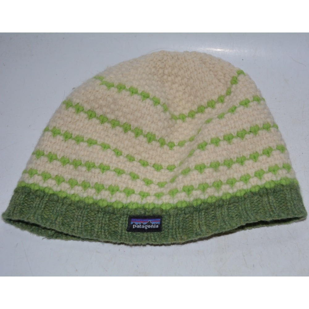 Patagonia Thick Beanie Women's One Size Green Cream Wool Knit Fleece Lined – Use